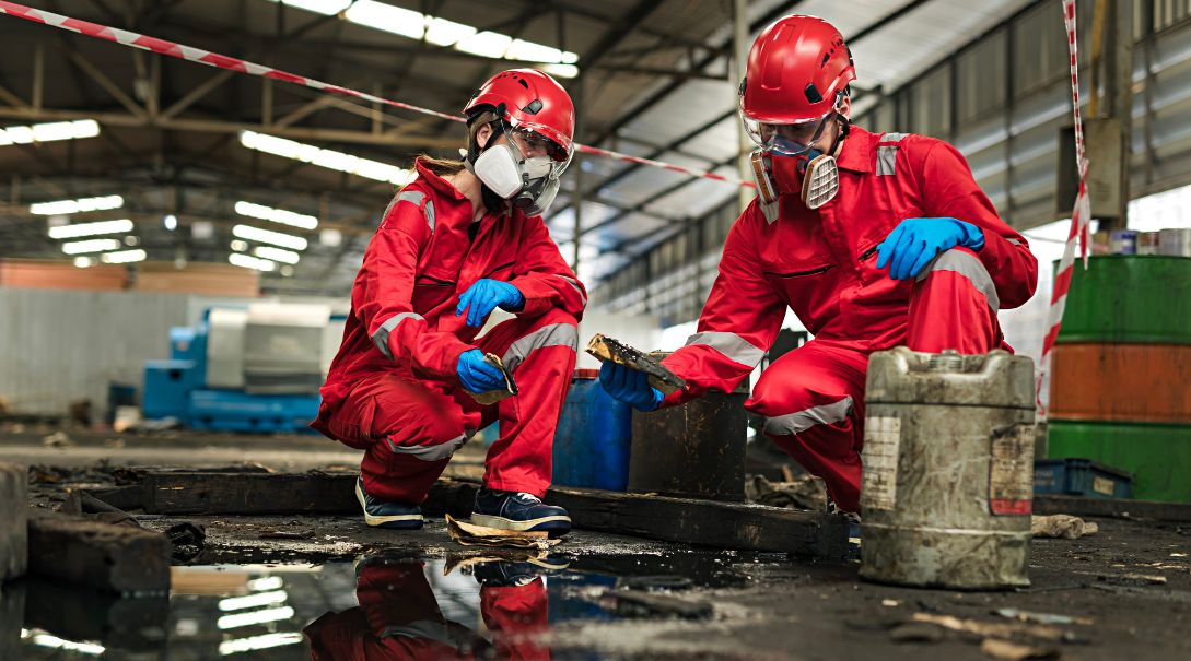 Two emergency response workers cleaning a spill in a distribution center