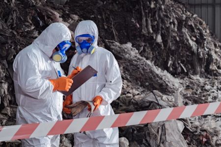 environmental safety team reviewing hazardous waste