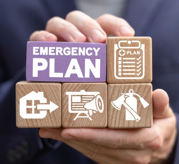 blocks with emergency plan, checklist, and other emergency icons