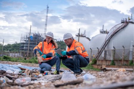 Environmental Cleanup Workers Inspecting Industrial Contamination